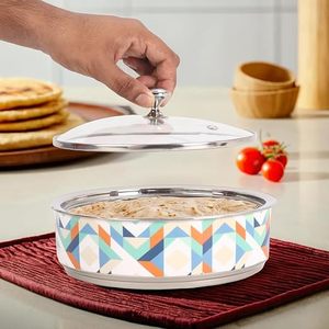Plat à gratin rond avec couvercle en verre 24 cm, design géométrique moderne, intérieur antiadhésif, passe au lave-vaisselle - Product Image 1