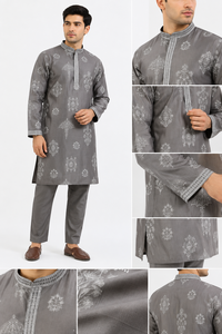 Mens Ethnic Grey Printed Cotton Kurta Pajama <b>Set</b> Embroidered Neck Indian Traditional Festival Outfit Wholesale Supplier B2B - Product Image 5