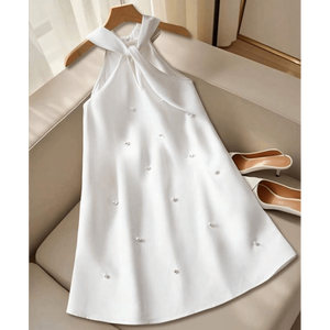 Robe élégante pour filles, col halter, coupe trapèze, avec nœud au dos et embellissement en perles - Product Image 5