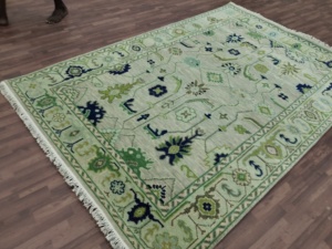 Alfombra rectangular verde de pelo corto, estilo vintage chic, con diseño floral, hecha a mano, para sala de estar, alfombra de lana de alta calidad. - Product Image 1