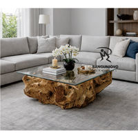 Table basse rustique multifonction en bois massif de racine de teck avec plateau en verre