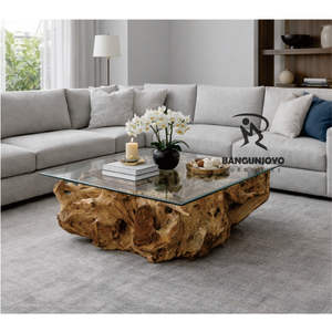 Table basse rustique multifonction en bois massif de racine de teck avec plateau en verre - Product Image 1