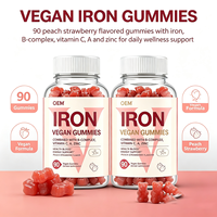 Gummies végétaliennes au fer avec complexe de vitamines B, vitamines A et C et zinc, saveur naturelle pêche et fraise, 90 unités, complément OEM pour la circulation sanguine