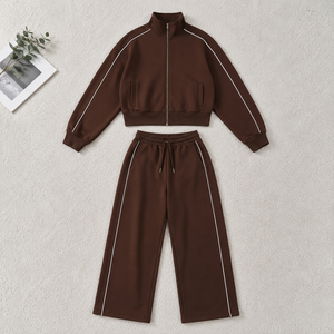 Wholesale Custom Premium Athleisure Set Stand Collar Zip <b>Jacket</b> Hoodies Contrast Piping Fleece Tracksuit Relaxed Fit Trousers - Product Image 3