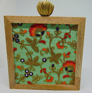 Handmade Wooden Clutch With Floral Embroidery <b>Green</b> Fabric Evening Party Bag - Product Image 1