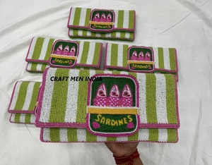 Craft Men India Blue White Striped Beaded <b>Fish</b> Clutch Zipper Coin Pouch with Pearl Crystal Logo Embellishments Large Capacity - Product Image 3