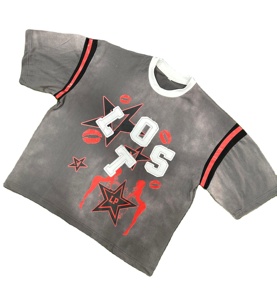 Ropa de calle de verano personalizada lavado ácido 100% algodón serigrafía pantalones cortos conjunto estilo Vintage Hip Hop Logo diseño Boxy camisetas gráficas - Product Image 4