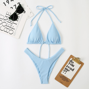Conjunto de Bikini Estampado de Leopardo para Mujer, 2 Piezas, Top Halter, Braguita Tanga, Traje de Baño Acanalado, Ajuste Elástico, Estilo Regular, Cordón Ajustable Sin Costuras - Product Image 3