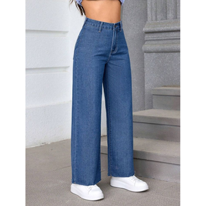 Women's High <b>Waist</b> Ripped Solid Eco-Friendly Waterproof Denim <b>Jeans</b> Casual Loose Fit Large Size Straight Wide Leg Full Length - Product Image 3