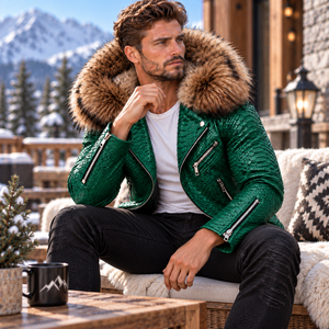 Men's Exotic Leather Python <b>Biker</b> <b>Jacket</b> with Fox Fur Hood Premium Winter Motorcycle <b>Jacket</b> | Herren Lederjacke <b>Biker</b> - Product Image 6