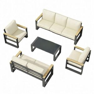 Set di Mobili da Giardino in Alluminio Ultra Resistente a 5 Pezzi, Divano Conversazione a 7 Posti con Cuscini Beige Extra Spessi da 10 Pollici - Product Image 1