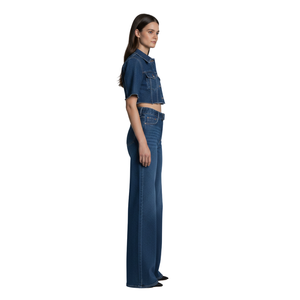 Conjunto de Jeans de Cintura Alta para Mujer, Corte Recto, Transpirables, Color Azul Denim, Ajuste Regular, Pantalones Largos con Bolsillos para Uso Casual de Verano - Product Image 3