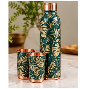Aqua Blue White Floral Cherry Blossom <b>Metal</b> <b>Water</b> <b>Bottle</b> with Copper Lid and Matching Cups Portable Drinkware Set for Travel - Product Image 6