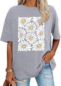 Vente d'usine OEM T-shirts amples pour femmes à motif de fleurs sauvages, col rond, manches courtes, décontractés, basiques, tuniques d'été - Product Image 4
