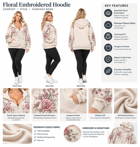 Sudadera con Capucha para Mujer, Beige, con Bordado Floral, Mezcla de Algodón, Tejido de Punto, Cierre de Cremallera, Bolsillos, Chaqueta Informal para Invierno/Primavera, Logotipo Frontal - Product Image 5