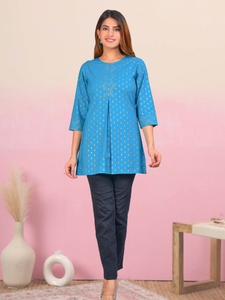 Cotton Floral Printed Anarkali <b>Kurta</b> and Short Kurti Set Teal Color <b>Women's</b> Summer Flared Casual Wear - Product Image 3