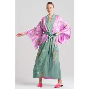 Robe Kimono Longue en Satin Rose et Vert Teint Uni Écologique pour Femme avec Ceintures, Idéale pour la Détente - Product Image 1