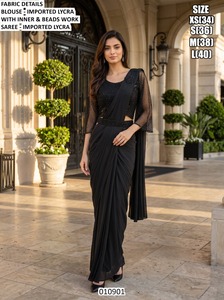 Sari élégant en polyester marron avec chemisier perlé pour femme, idéal pour les mariages, coupe classique, longueur ras du sol, extensible, style indien - Product Image 2