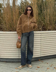 Women Oversized Suedette Bomber <b>Jacket</b> Loose Fit Shirt Collar Zip Front Bubble Hem Casual Outerwear - Product Image 4