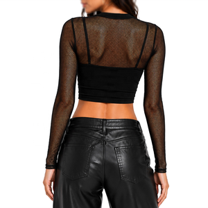 Women's Sheer <b>Mesh</b> <b>Crop</b> <b>Top</b> Long Sleeve Cutout Slim Fit Stretch Casual Fashion Soft Fabric Custom Logo Shirt women's shirt - Product Image 3