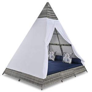 Tumbona de exterior GO de 90.5 pulgadas con almohadas de colores, tumbona de mimbre para patio con cojines grises y azules, conjuntos de jardín con forma de tienda de campaña - Product Image 1