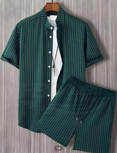 Trajes de Playa de Verano para Hombre, Conjunto Casual de 2 Piezas, Camisa de Manga Corta y Pantalones Cortos, Cintura Elástica Holgada, Tejido Transpirable 100% Poliéster - Product Image 6