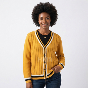 HMR Sisterhood Sorority Winter Custom Logo Knit <b>Cardigan</b> <b>Sweater</b> Women's V-Neck Contrast Trim Long Sleeve - Product Image 1