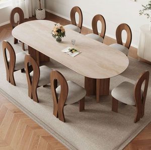 Ensemble de table à manger ovale en bois moderne de luxe, chaise rembourrée minimaliste pour salle à manger contemporaine - Product Image 1