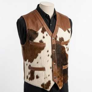 Chaleco de Cuero Vacuno sin Cuello con Cuello en V para Hombre, con Bolsillos, Estampado a Cuadros, Ropa Exterior Informal de Invierno con Botones - Product Image 2