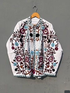 Handmade Kashmiri Suzani Embroidery Cotton <b>Jacket</b> Outerwear Indian Traditional Crew Neck Full Sleeve Short <b>Jacket</b> - Product Image 1