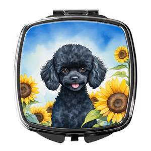 Black Poodle Sunflowers Compacto Viaje Maquillaje Espejo Plegable Diseño de mano Regalo para mujeres y niñas - Product Image 1