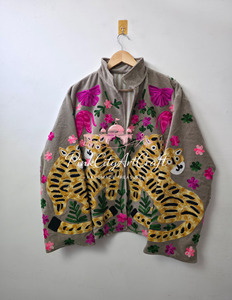 Handcrafted Woven Velvet Tiger Embroidered <b>Quilted</b> Jacket Artisanal Rajasthani Festive Winter Boho Breathable Eco-Friendly Thick - Product Image 6