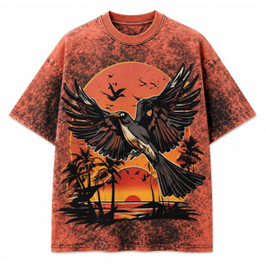 Camiseta Oversize Personalizada para Hombre con Lavado Ácido, Estilo Vintage, Tinte Naranja Quemado y Negro Mármol, Efecto Desgastado, con Gráfico de Pájaro en Atardecer Tropical - Product Image 2