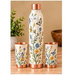 Minimalist Floral Bird Pattern <b>Stainless</b> <b>Steel</b> <b>Water</b> <b>Bottle</b> Set with Copper Trim Portable Drinkware for Travel - Product Image 5