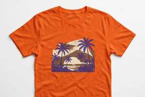 Camiseta de Manga Corta con Cuello Redondo para Mujer, Color Naranja, Estampado de Palmeras Tropicales y Atardecer, Diseño con Letras, Estampado Puff, Estilo Casual de Verano - Product Image 2