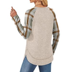 Custom Plaid Check Women Sweaters Oatmeal Beige Curved Hem Round Neck Raglan Long Sleeve Comfortable <b>Warm</b> Blends <b>Jumpers</b> - Product Image 2