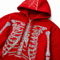 Sweat-shirt à capuche zippé KhunBro rouge avec imprimé cœur en strass, unisexe, décontracté, en polaire, respirant, anti-humidité et coupe-vent