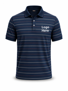 Chemise tricotée rayée pour homme de haute qualité, ODM, manches courtes, décontractée, bleu foncé avec des lignes blanches et rouges, coupe classique, logo personnalisé - Product Image 2