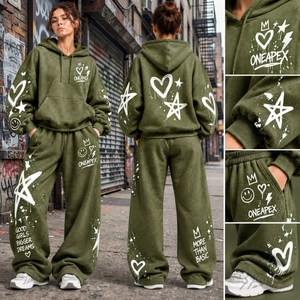 Conjunto Deportivo de Dos Piezas para Mujer, Sudadera con Capucha Verde Oliva con Estampado Gráfico de Corazones y Estrellas, Pantalones Jogger de Pierna Ancha, Ropa Casual de Calle - Product Image 5