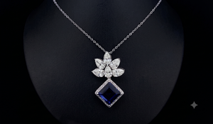 Collier Pendentif Fleur en Zircon Pierre Bleue Or Massif 10K Poire de Laboratoire Plaqué Rhodium Chaîne Serpent Bijou de Luxe pour Femme Mariage - Product Image 4