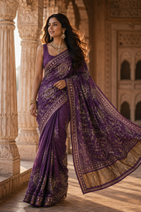 CHOHAN TEXTILE <b>Purple</b> Moonga Silk <b>Saree</b> Wholesale Indian Wedding Wear Gold Embroidery Zari Border Traditional Bridal Vintage - Product Image 3