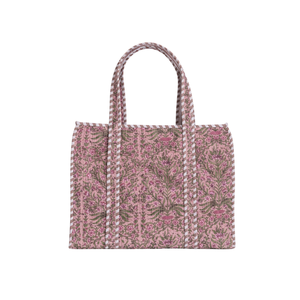 Bolso Tote Acolchado Floral Morado Claro, Bolso de Hombro de Tela de Algodón Premium con Ribete en Contraste, Obra Maestra de Alta Costura - Product Image 1