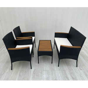 4P00077 Moderno Conjunto de Sofá de Ratán para Exteriores con Mesa de Centro y Sillas, Mimbre Negro, Cojines Blancos Crema, para Sala de Estar, Patio, Villa, Escuela - Product Image 1