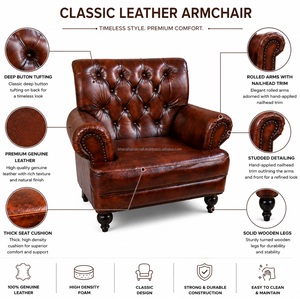 Classic Genuine Leather High <b>Back</b> Armchair with Tufted Wingback Design and Solid Wood Legs Elegant <b>Chair</b> for Living Room Bedroom - Product Image 5