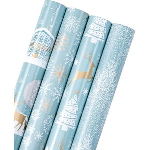 Rotolo di Carta da Regalo Natalizia con Design di Renne Blu e Argento e Fiocchi di Neve, 30 Pollici, Decorazioni Festive - Product Image 1