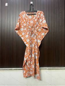 Robe Kaftan en Coton Écologique à Imprimé Floral, Col en V, Manches Chauve-Souris, Coupe Ample Longueur Ras du Sol, Style Bohème Décontracté, Taille Naturelle pour Femme - Product Image 1