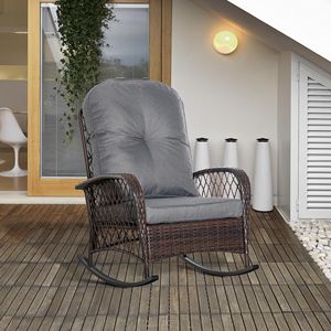 Sedia a dondolo in rattan grigio con cuscini spessi in poliestere per giardini e appartamenti esterni - Product Image 2