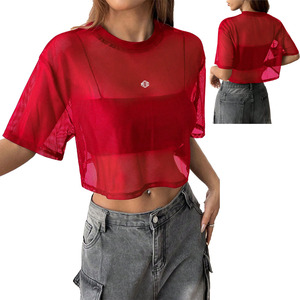 เสื้อยืดครอปตาข่ายแฟชั่นสำหรับผู้หญิง ขายส่ง รับทำโลโก้ แขนสั้น เสื้อผ้าสตรีทแวร์ฤดูร้อน เสื้อซ้อนทับ ผลิตโดยโรงงาน OEM - Product Image 1