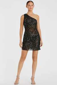 Vestido de Fiesta Formal Negro de Satén con Lentejuelas, Diseño Asimétrico, de un Solo Hombro, Ajustado al Cuerpo, Largo a Media Pantorrilla - Product Image 3