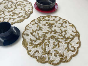 Eco-Friendly Handmade <b>Round</b> Embroidered Lace Place Mat with Plant Pattern Classic Style <b>White</b> and Gold Home <b>Table</b> Decor - Product Image 4